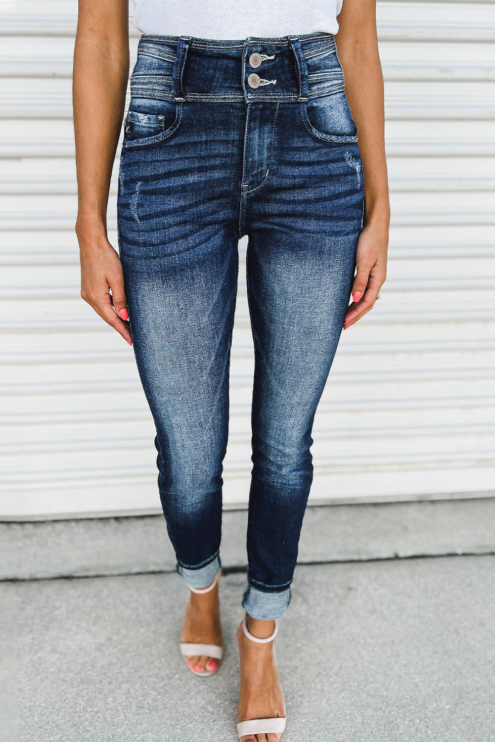 Blue Vintage Washed Two-button High Waist Skinny Jeans