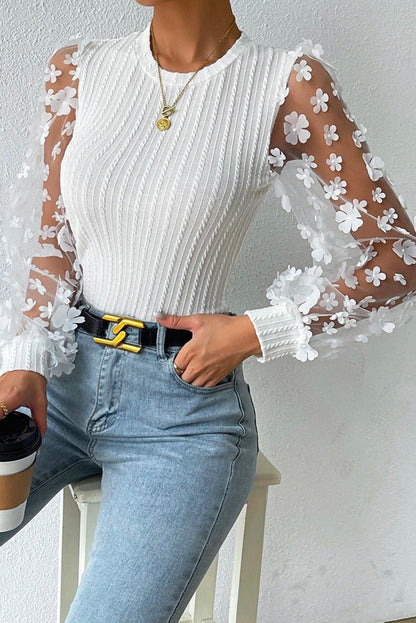 Floral Applique Mesh Sleeves Textured Knit Blouse