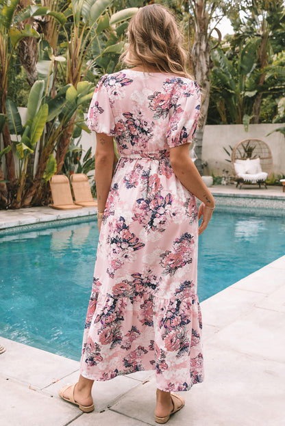 Floral Puff Sleeve High Waist Maxi Dress