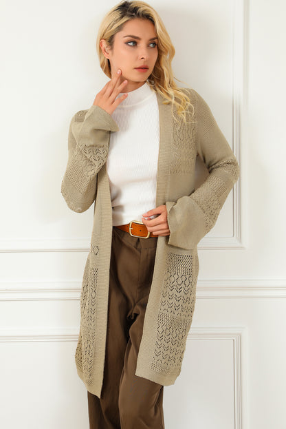 Khaki Pointelle Knit Open Front Cardigan