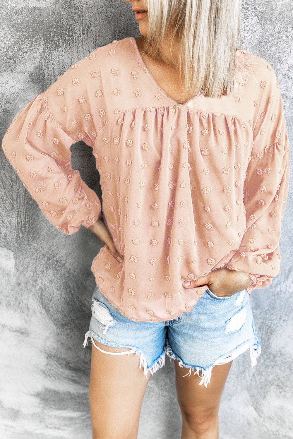 Swiss Dot V Neck Puff Sleeve Babydoll Shirt