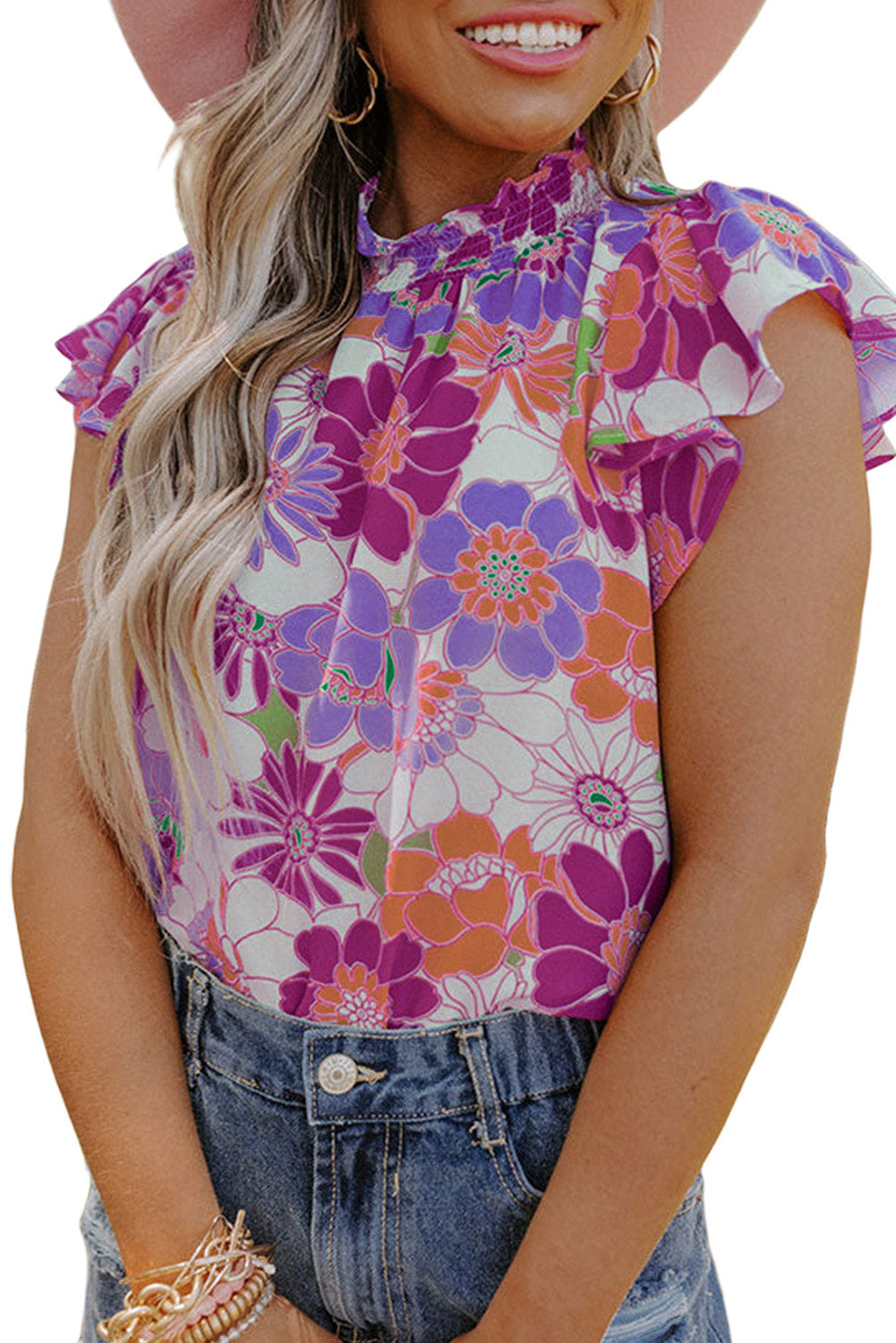 Multicolor Stand Collar Flutter Sleeves Floral Top