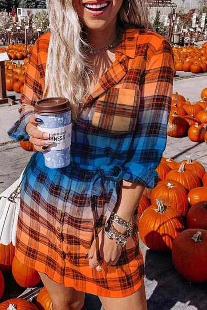 Gradient Plaid Button Front Mini Shirt Dress