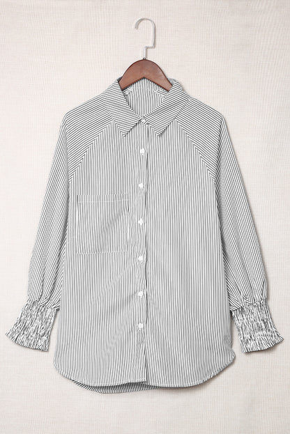 Smocked Cuffed Striped Boyfriend Shirt with Pocket