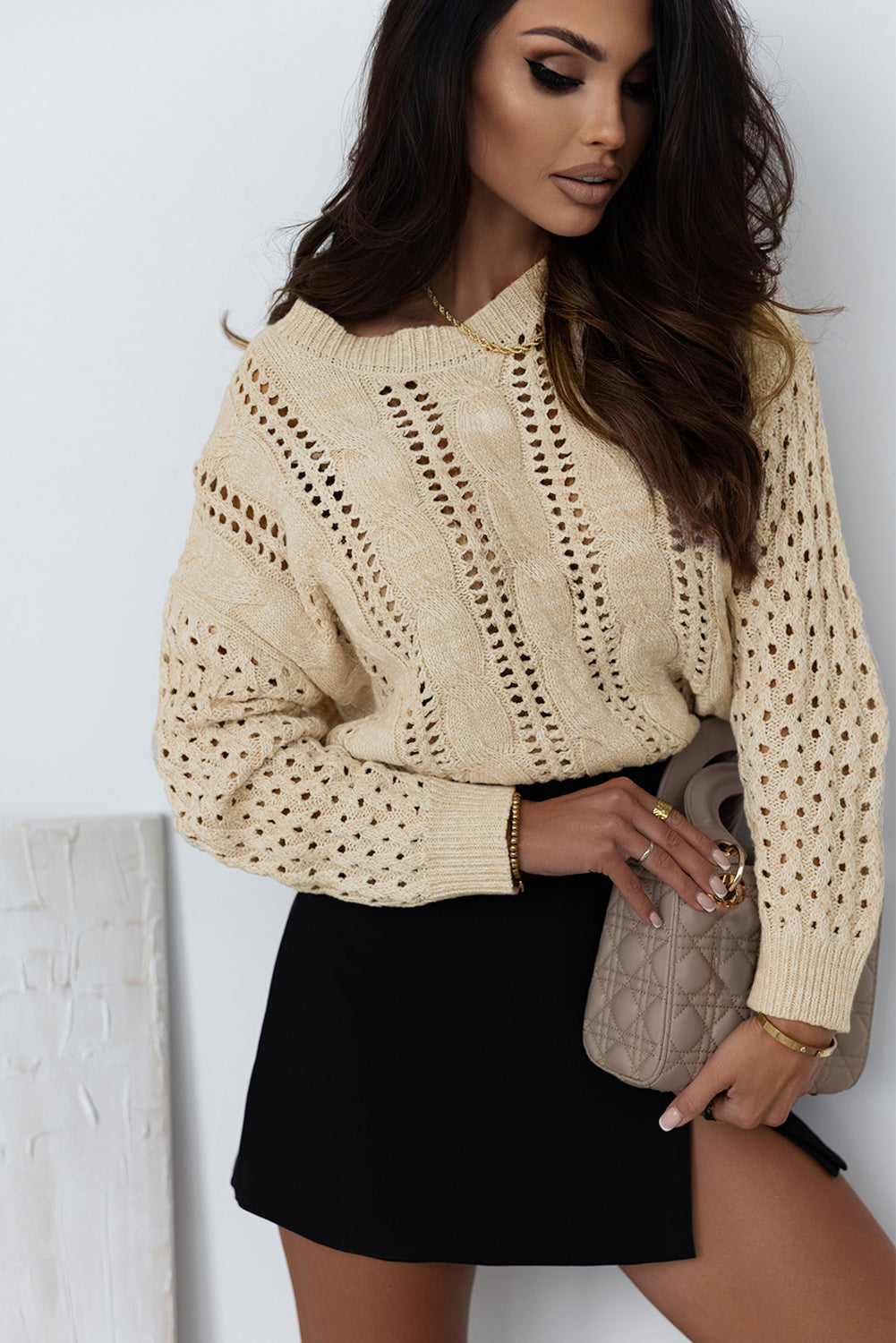 Khaki Eyelets Cable Knit Drop Shoulder Sweater