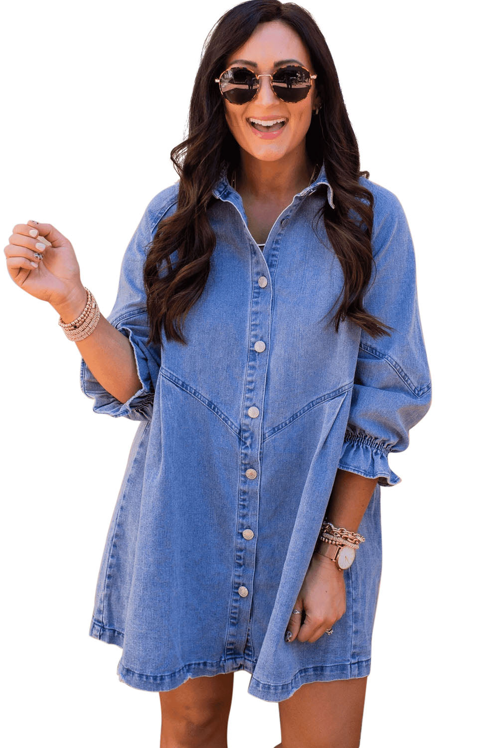 Sky Blue Buttoned Long Sleeve Denim Mini Dress