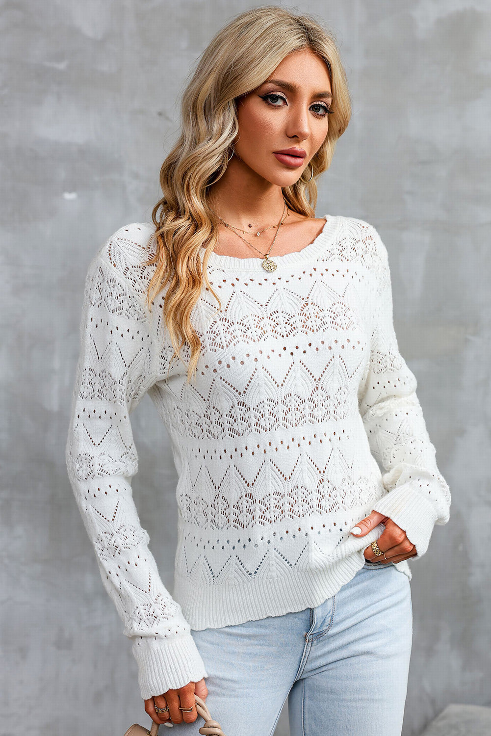 White Surplice V Openwork Textured Sweater