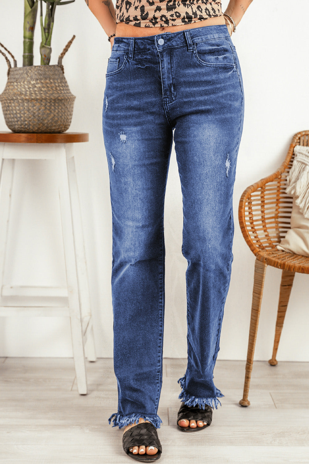 Blue Raw Hem Straight Leg Jeans