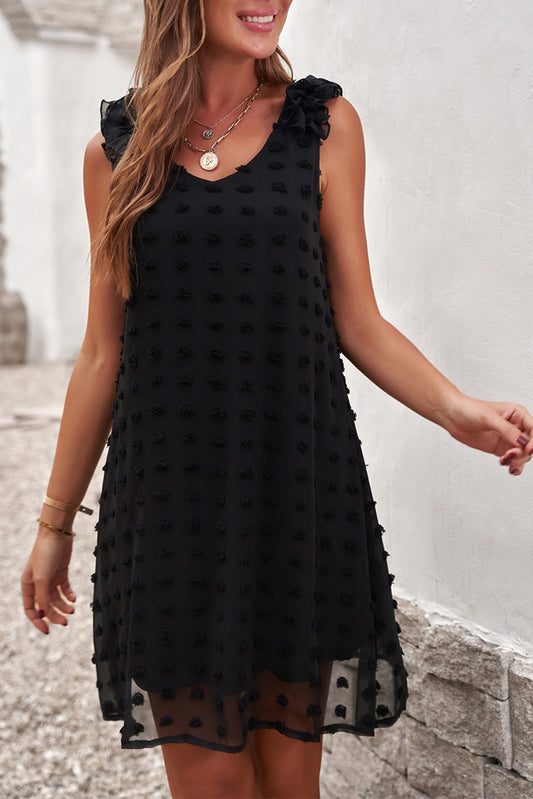 Swiss Dot V Neck Ruffled Sleeveless Mini Dress