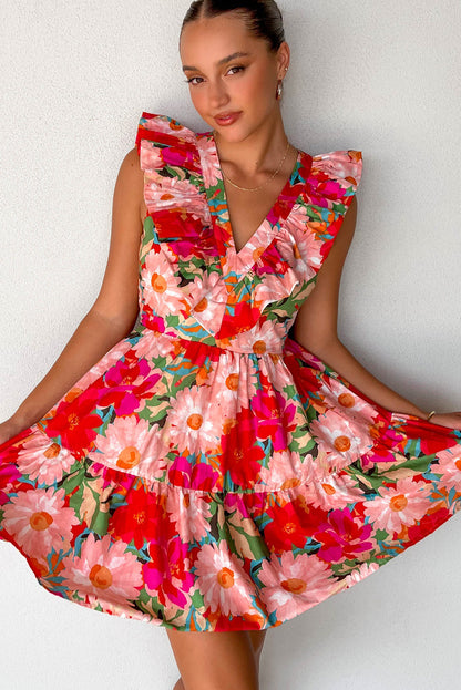 Floral Sleeveless V Neck Frill Mini Dress