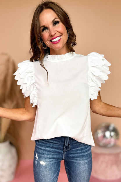 White Solid Color Scalloped Ruffle Sleeve Top