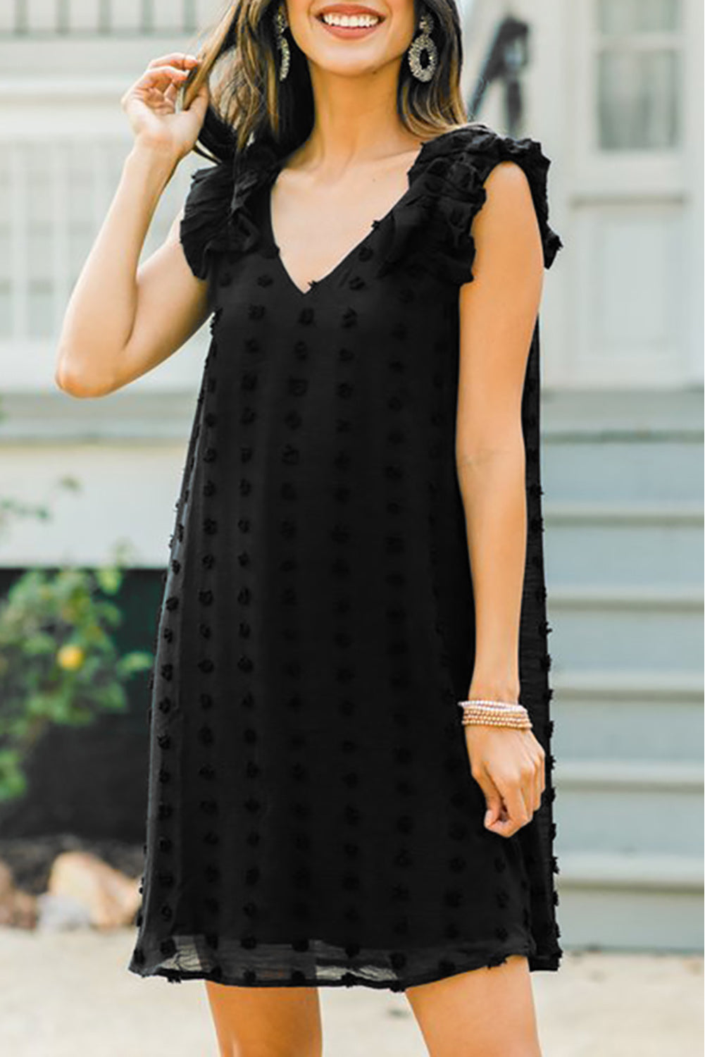 Swiss Dot V Neck Ruffled Sleeveless Mini Dress