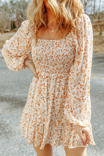 Boho Floral Smocked Puff Sleeve Mini Dress