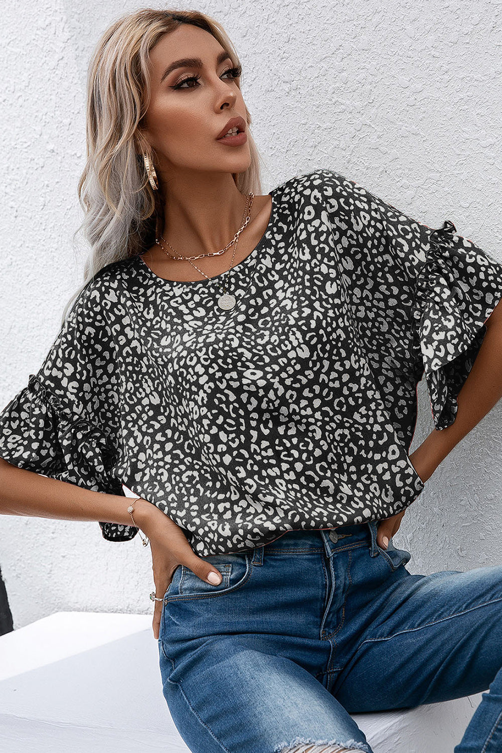 Pink Leopard Spotted Ruffle Sleeve T-Shirt