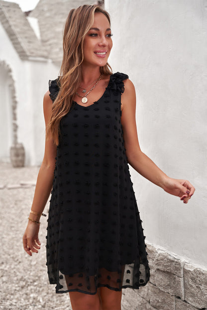 Swiss Dot V Neck Ruffled Sleeveless Mini Dress