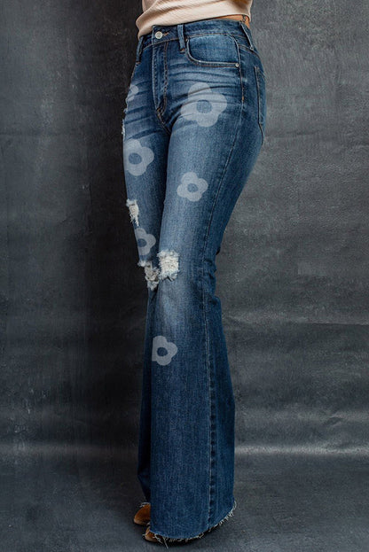 Blue Floral Print Mid Waist Ripped Bell Bottom Jeans