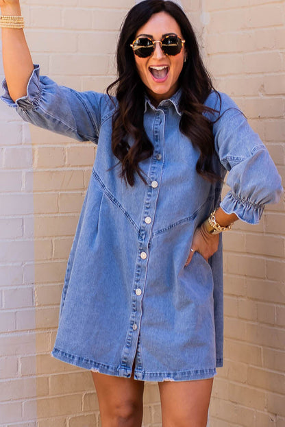 Sky Blue Buttoned Long Sleeve Denim Mini Dress