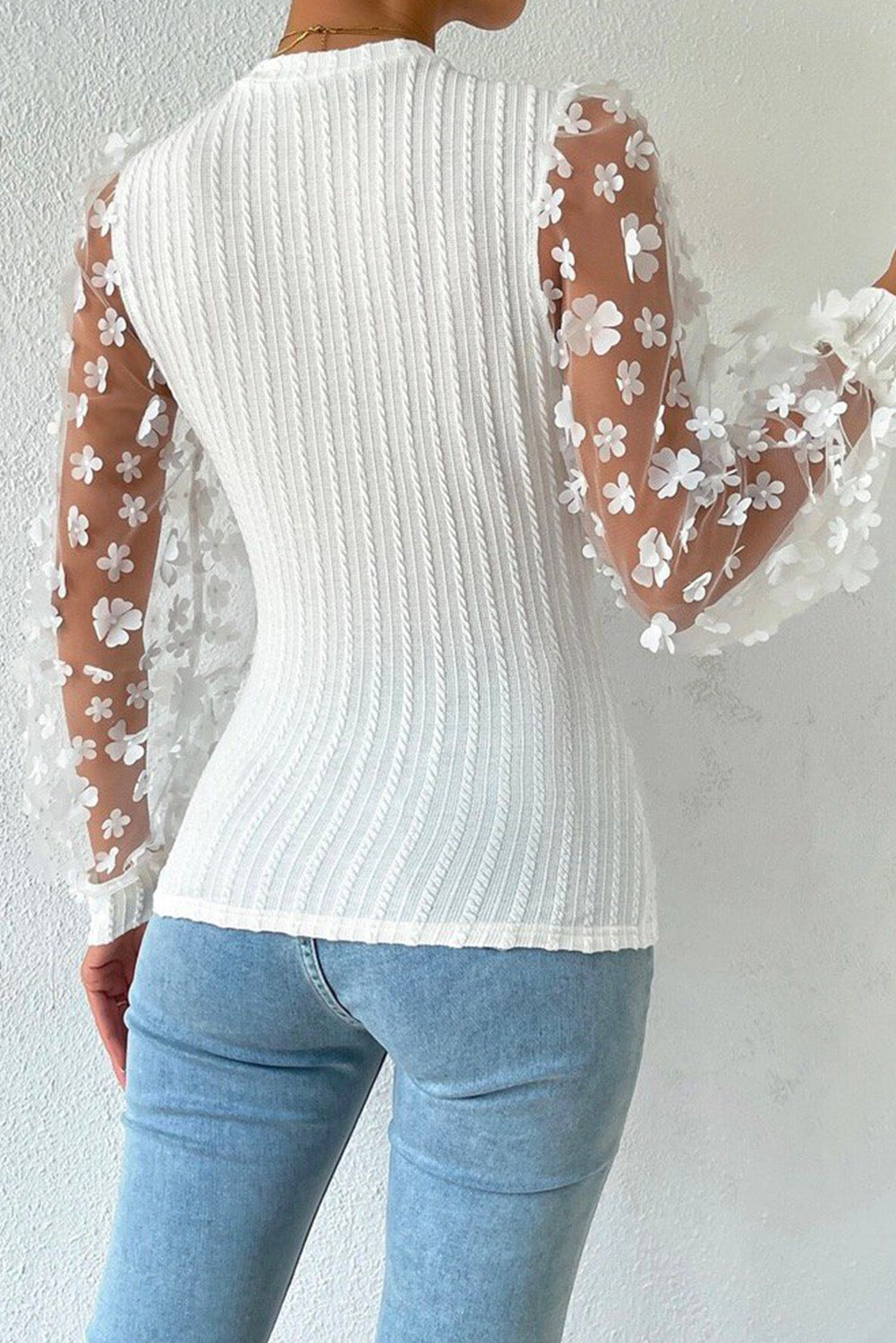 Floral Applique Mesh Sleeves Textured Knit Blouse