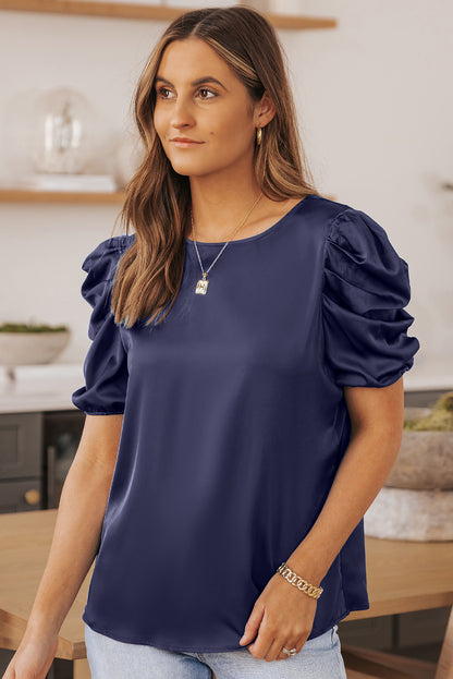 Ruched Puff Short Sleeve Satin Blouse