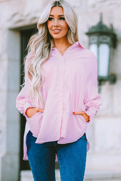 Smocked Cuffed Striped Boyfriend Shirt with Pocket