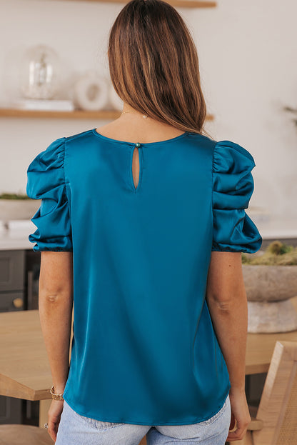 Ruched Puff Short Sleeve Satin Blouse