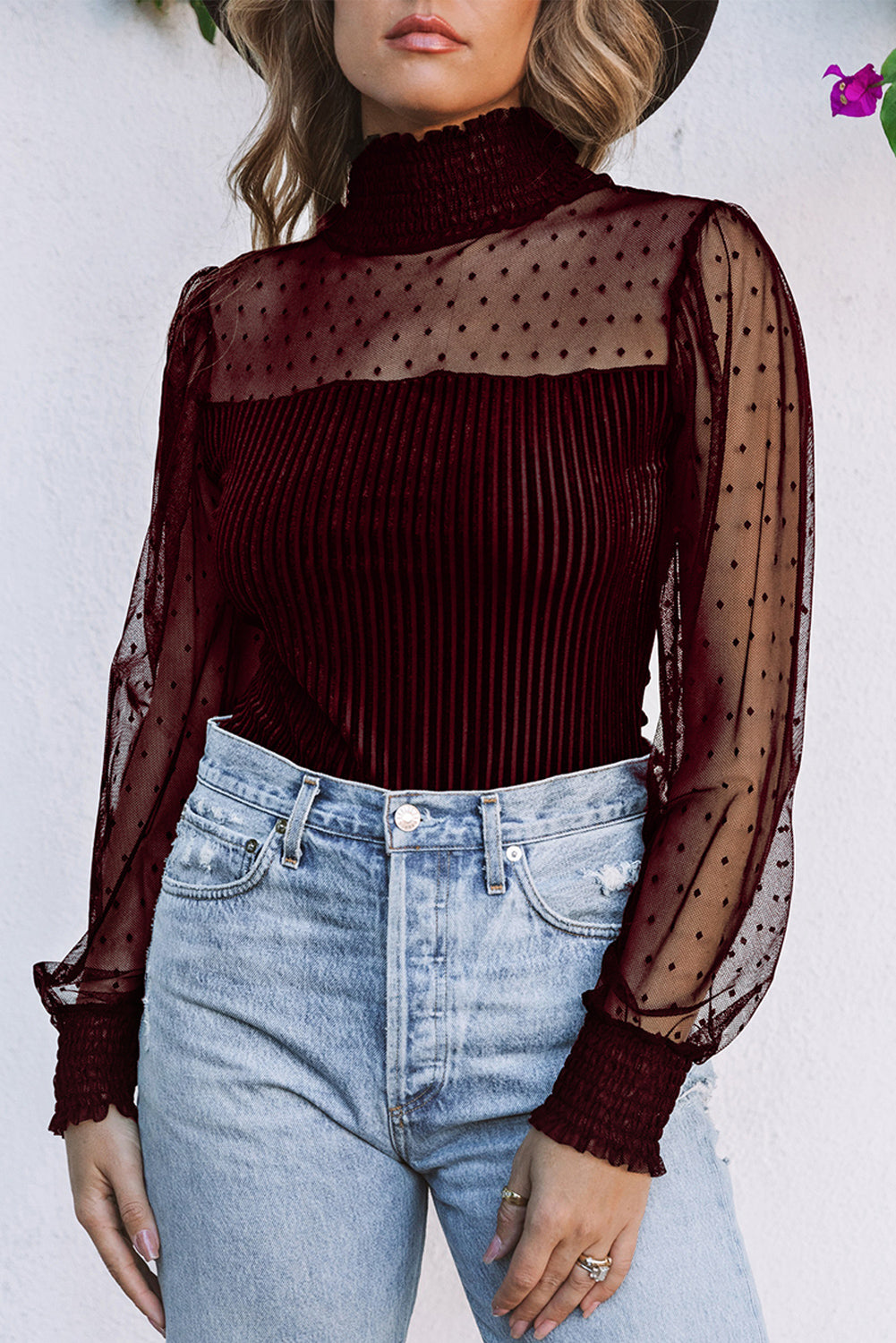 Sheer Dotty Long Sleeve Ribbed Velvet Bodysuit