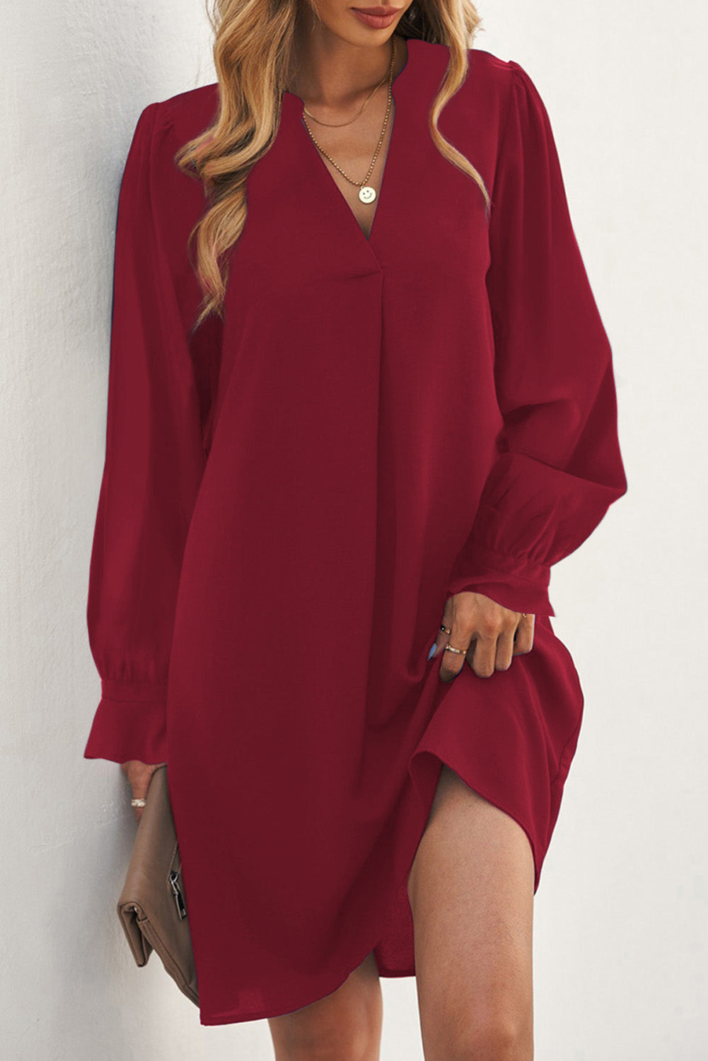 Split V Neck Ruffled Sleeves Shirt Dress