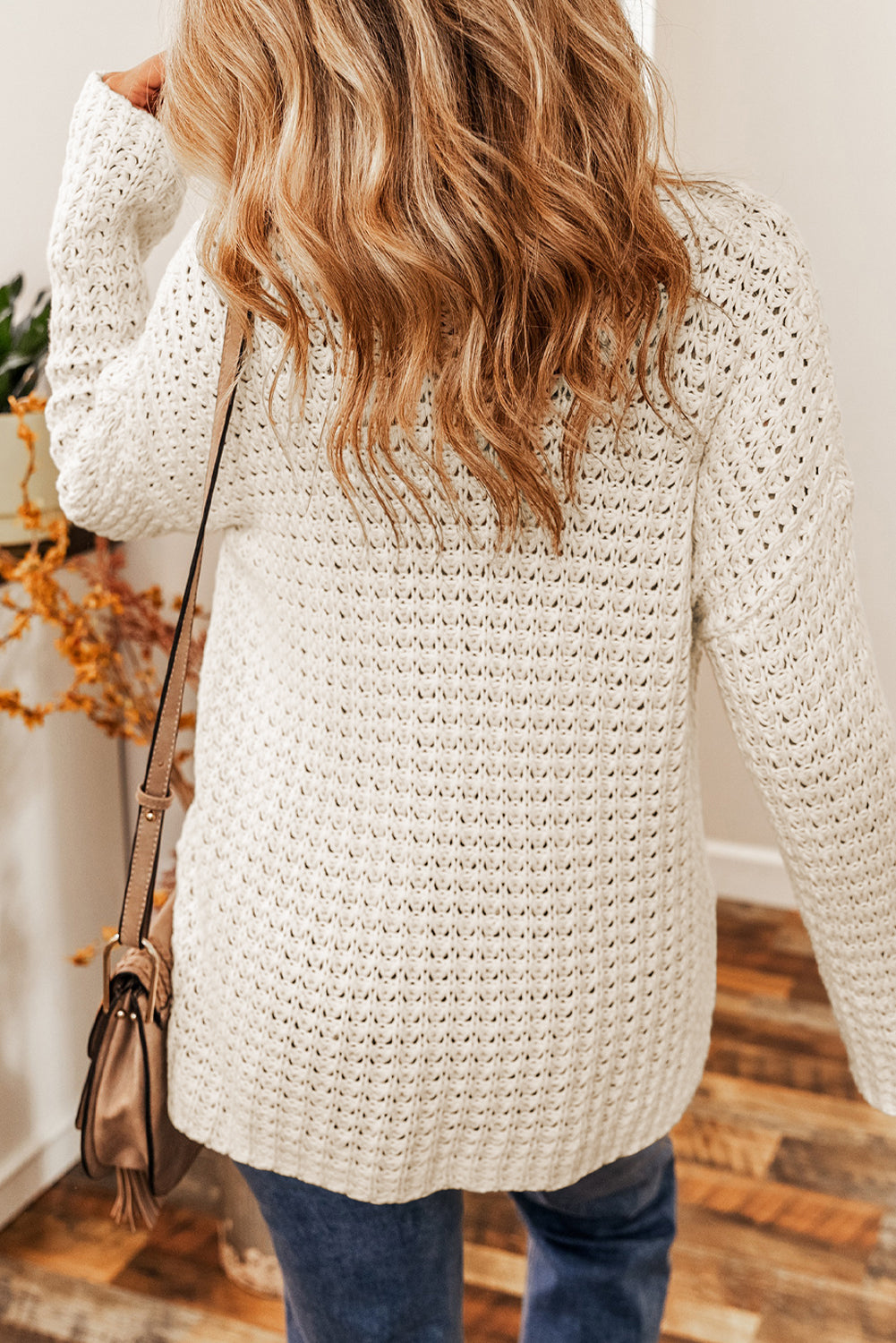 White Hollow-out Crochet V Neck Sweater