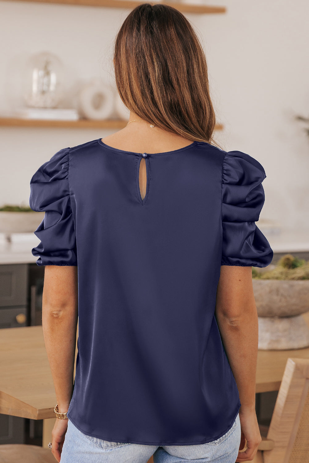 Ruched Puff Short Sleeve Satin Blouse