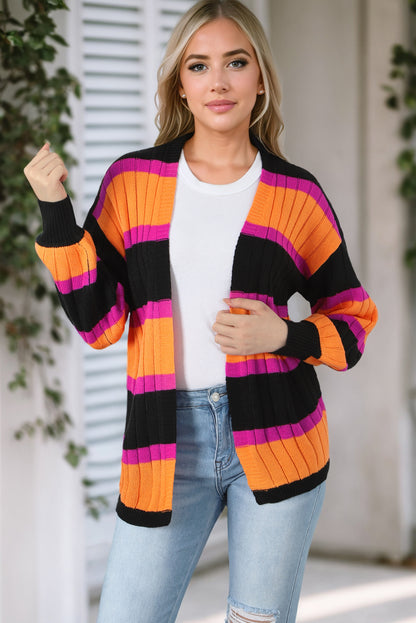 Orange Striped Colorblock Drop Shoulder Slouchy Cardigan