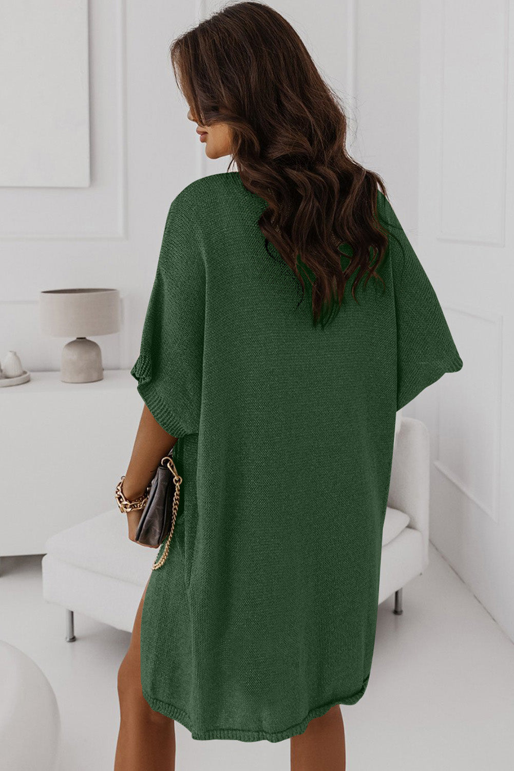 Green Dolman Half Sleeve Pocketed Long Cardigan