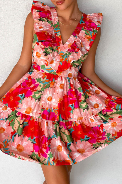 Floral Sleeveless V Neck Frill Mini Dress