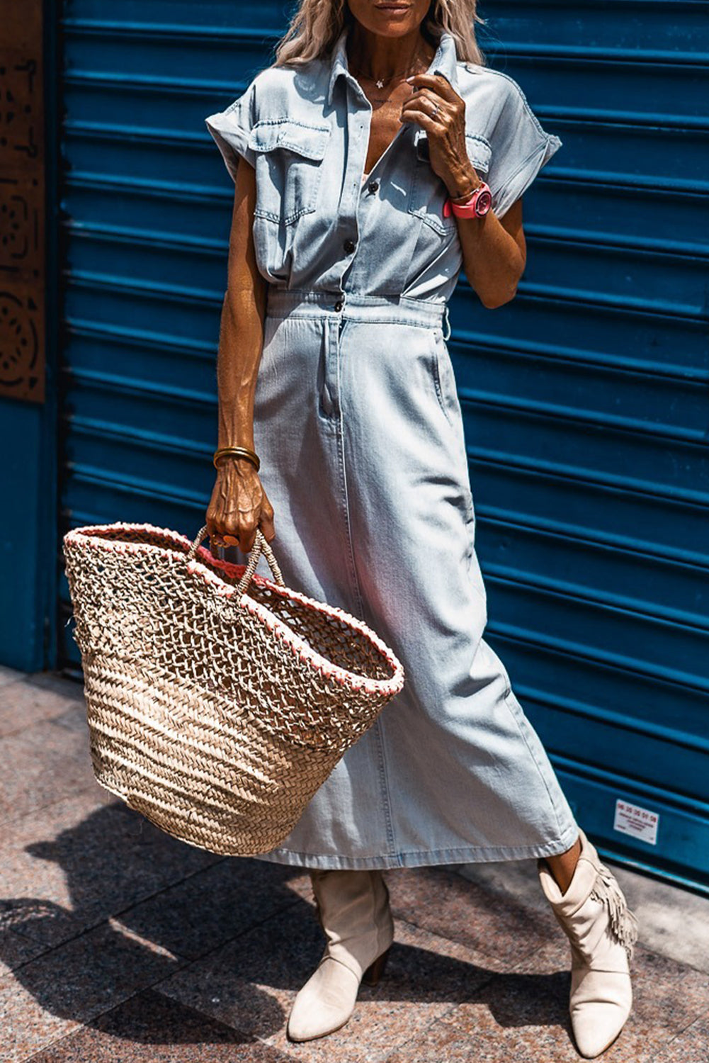 Beau Blue Short Batwing Sleeve Slit Back Denim Dress