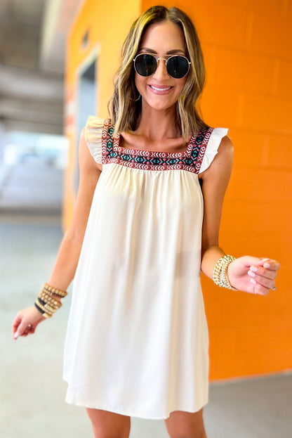 Beige Frill Embroidered Square Neck Shift Dress