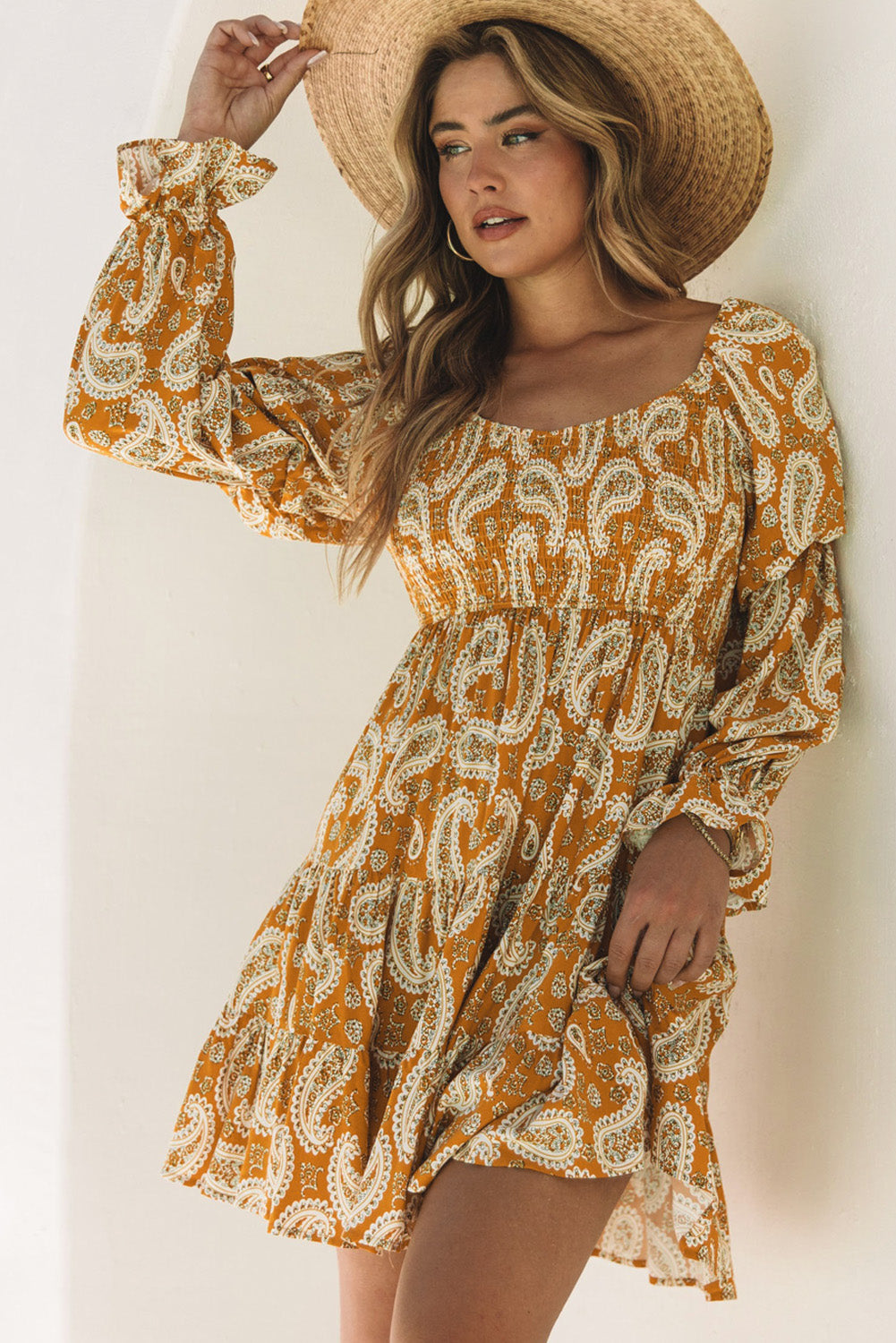 Boho Paisley Long Sleeve Floral Dress