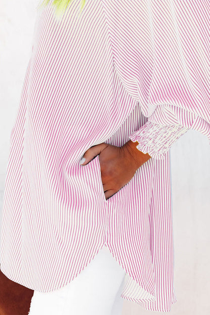 Smocked Cuffed Striped Boyfriend Shirt with Pocket