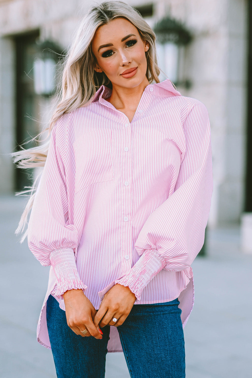 Smocked Cuffed Striped Boyfriend Shirt with Pocket