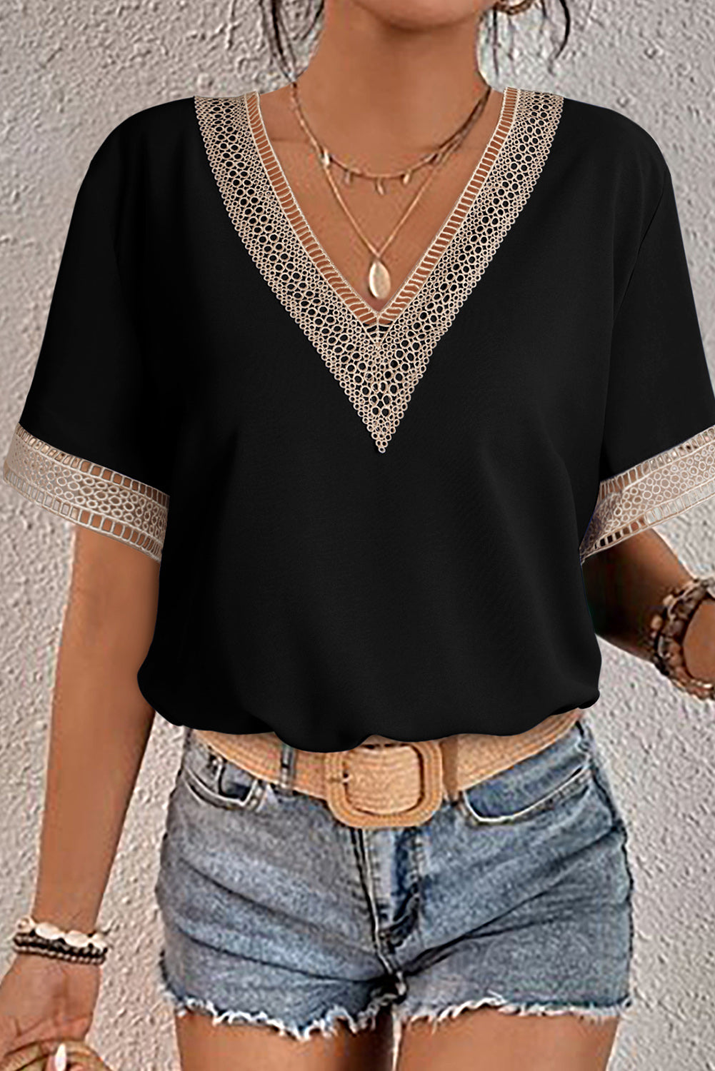 Black Lace Trim V Neck Short Sleeve Blouse