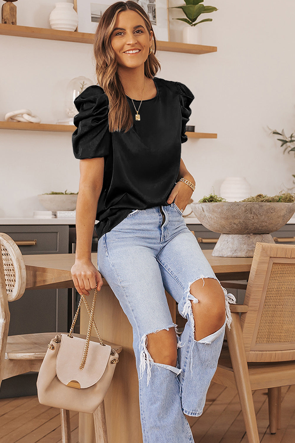 Ruched Puff Short Sleeve Satin Blouse