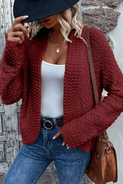 Red Popcorn Knit Open Front Cardigan