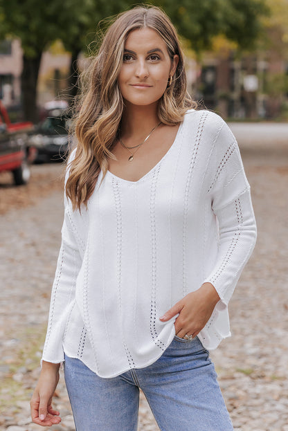 White Hollowed Detail Knitted Loose V Neck Sweater