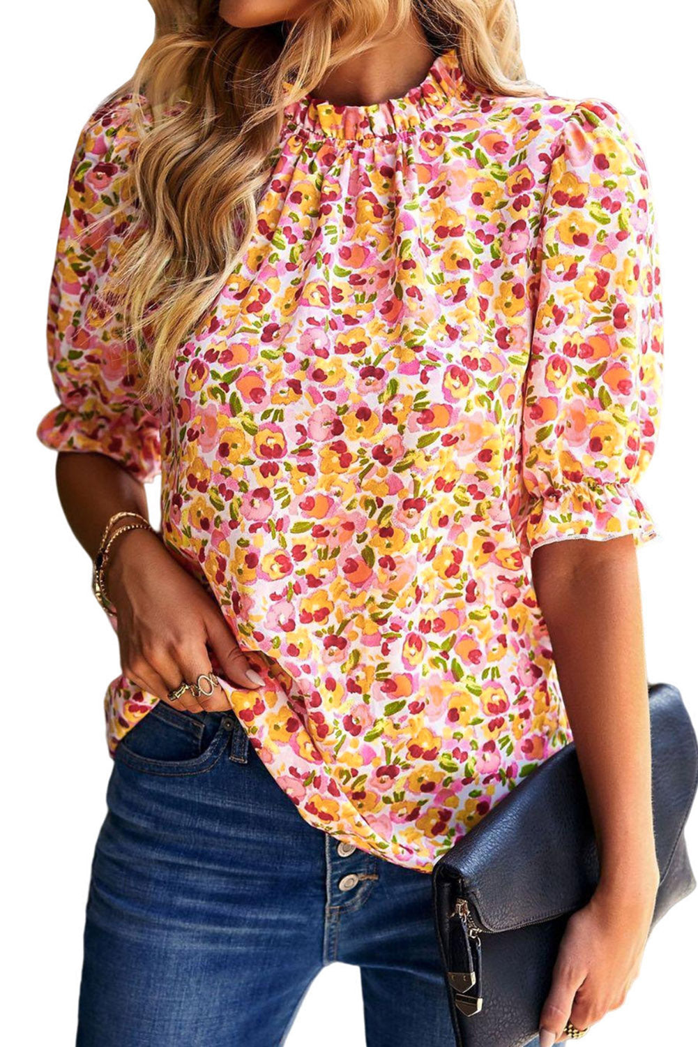 Boho Floral Ruffle Short Sleeve Frill Mock Neck Blouse