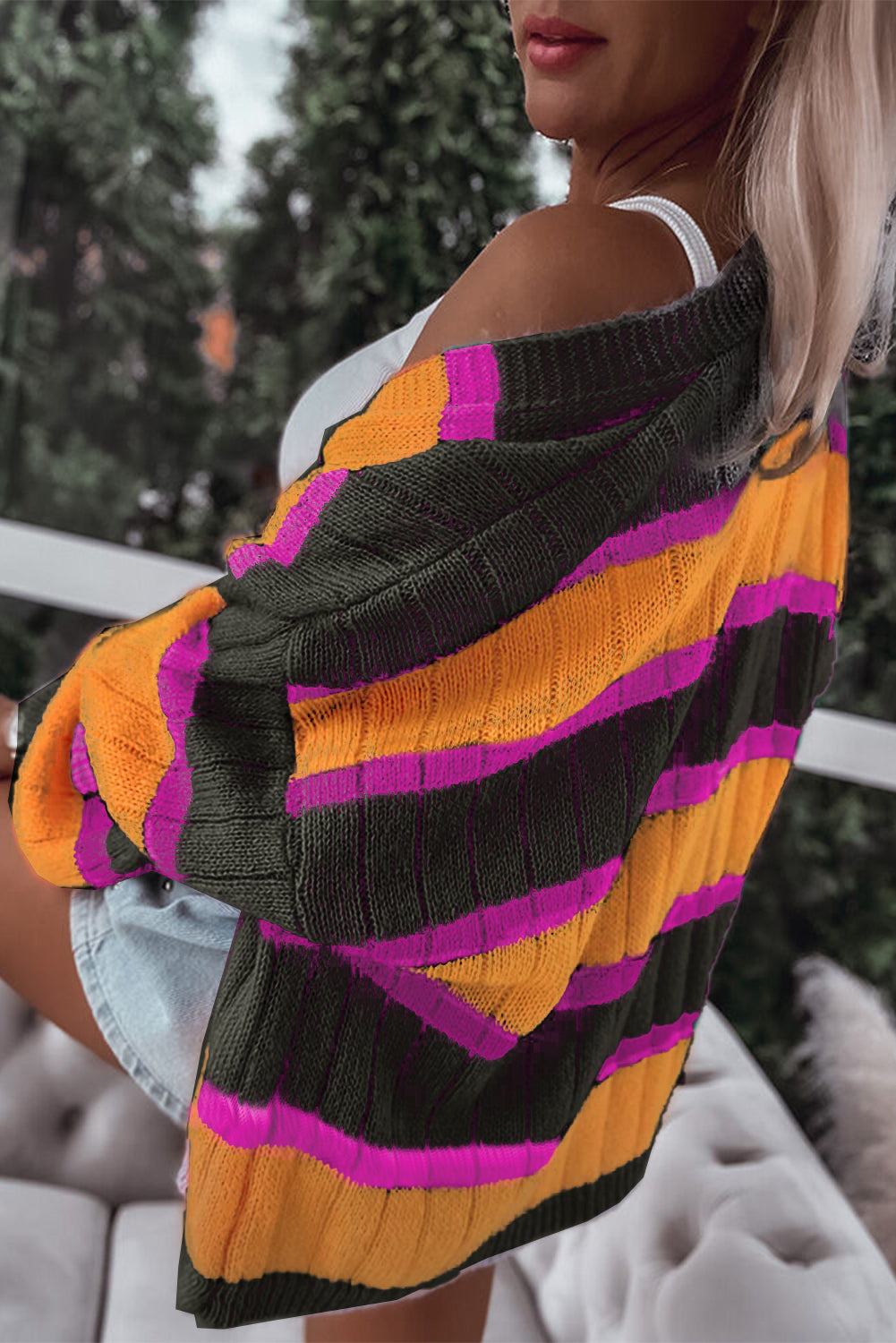 Orange Striped Colorblock Drop Shoulder Slouchy Cardigan