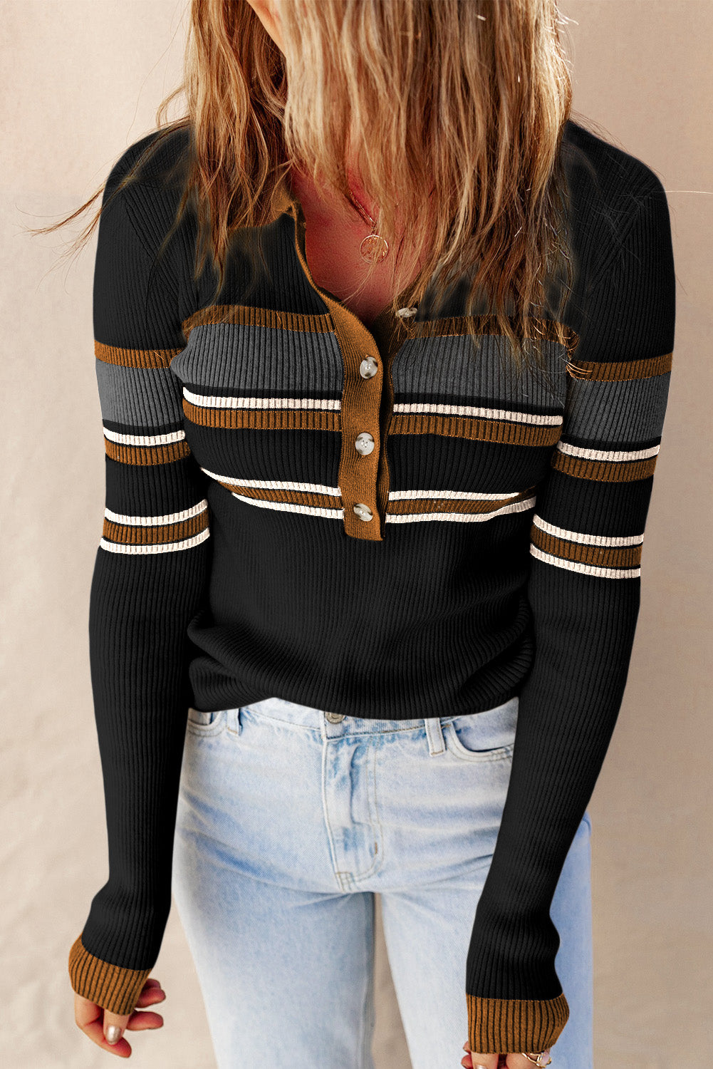 White Rib Knitted Stripe Detail Henley Sweater