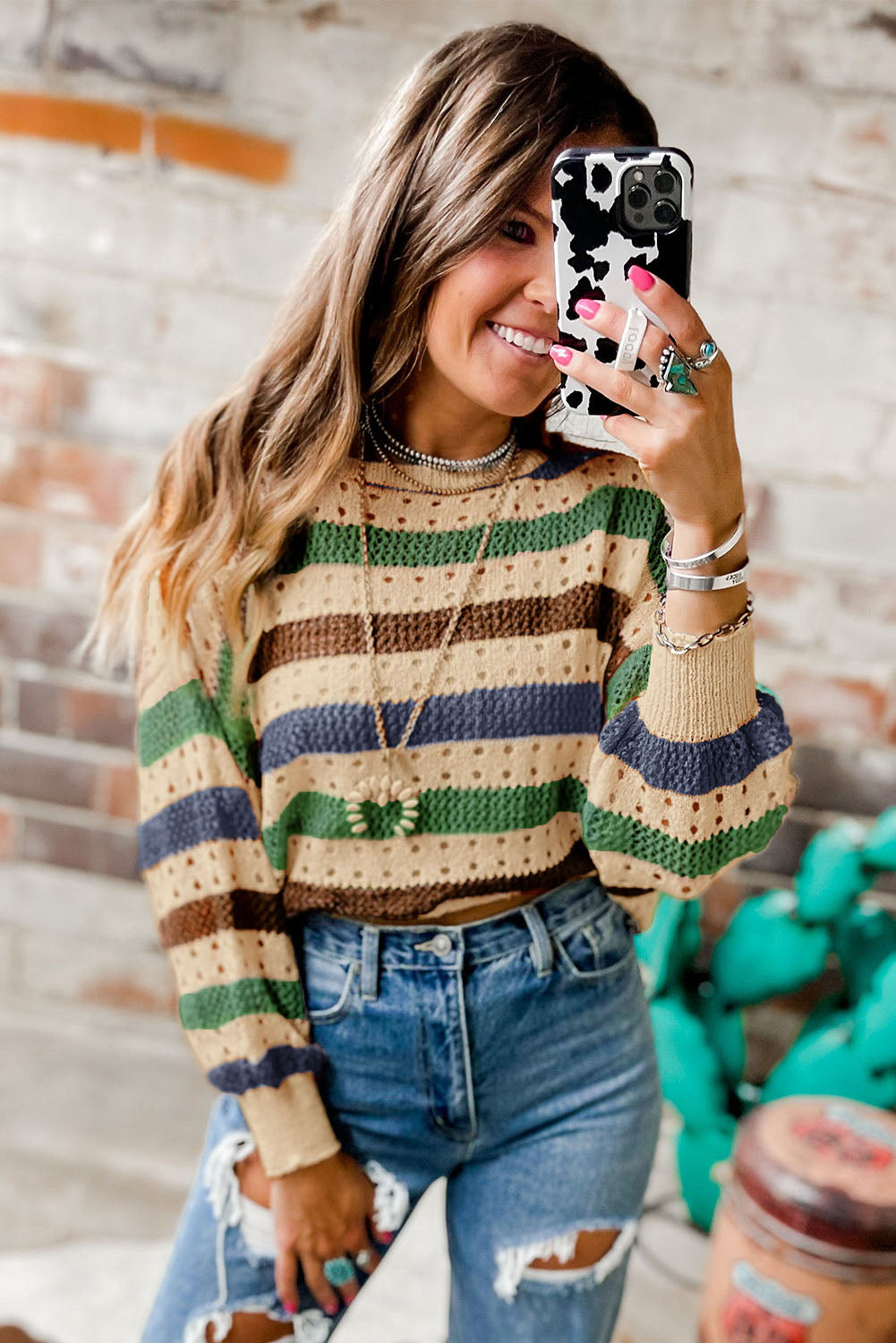 Striped Hollowed Knitted Loose Sweater