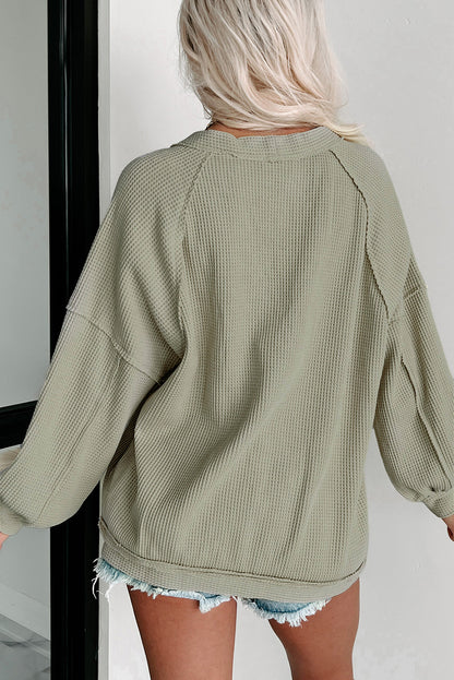 Khaki Exposed Seam Buttons Front Waffle Knit Cardigan