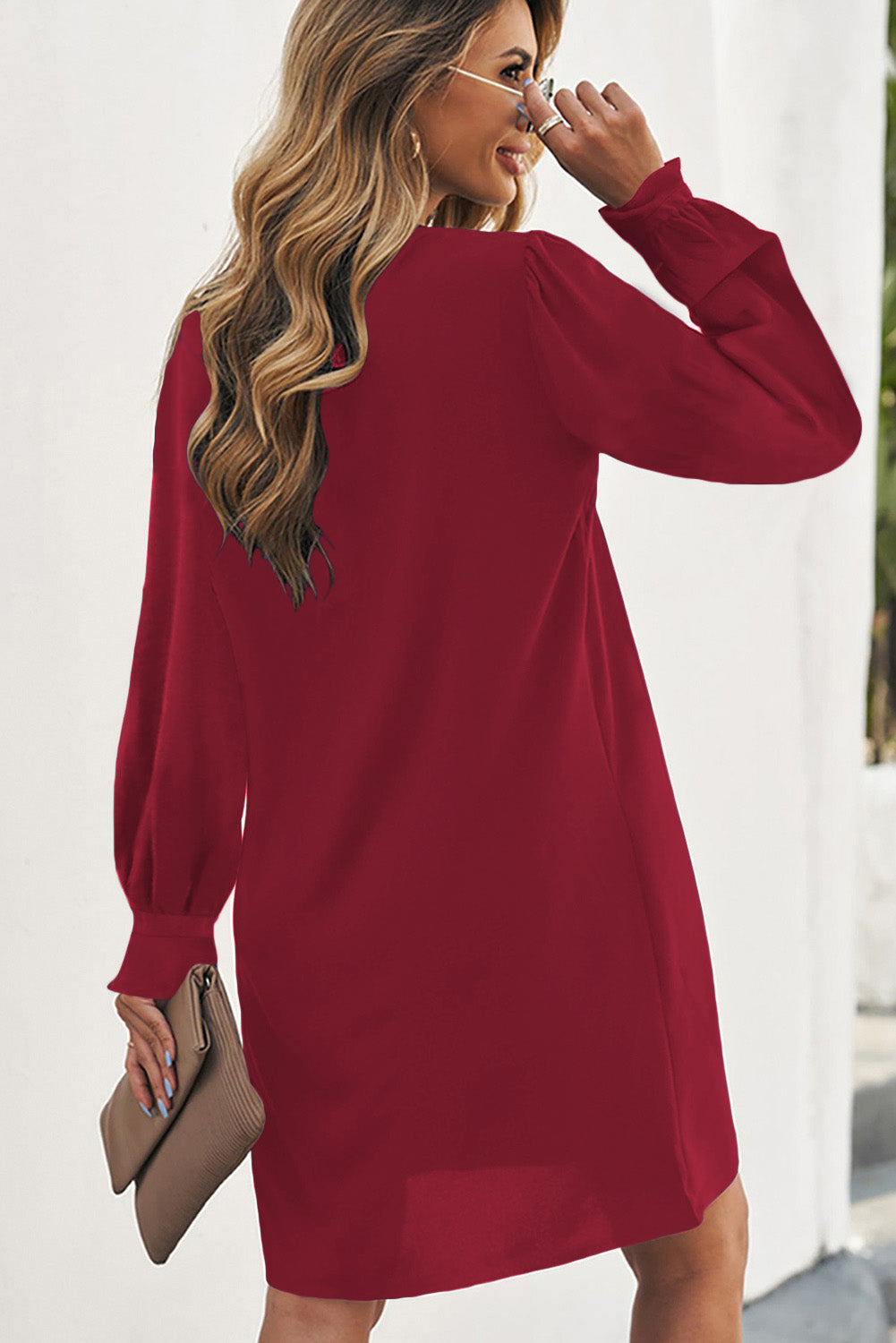 Split V Neck Ruffled Sleeves Shirt Dress