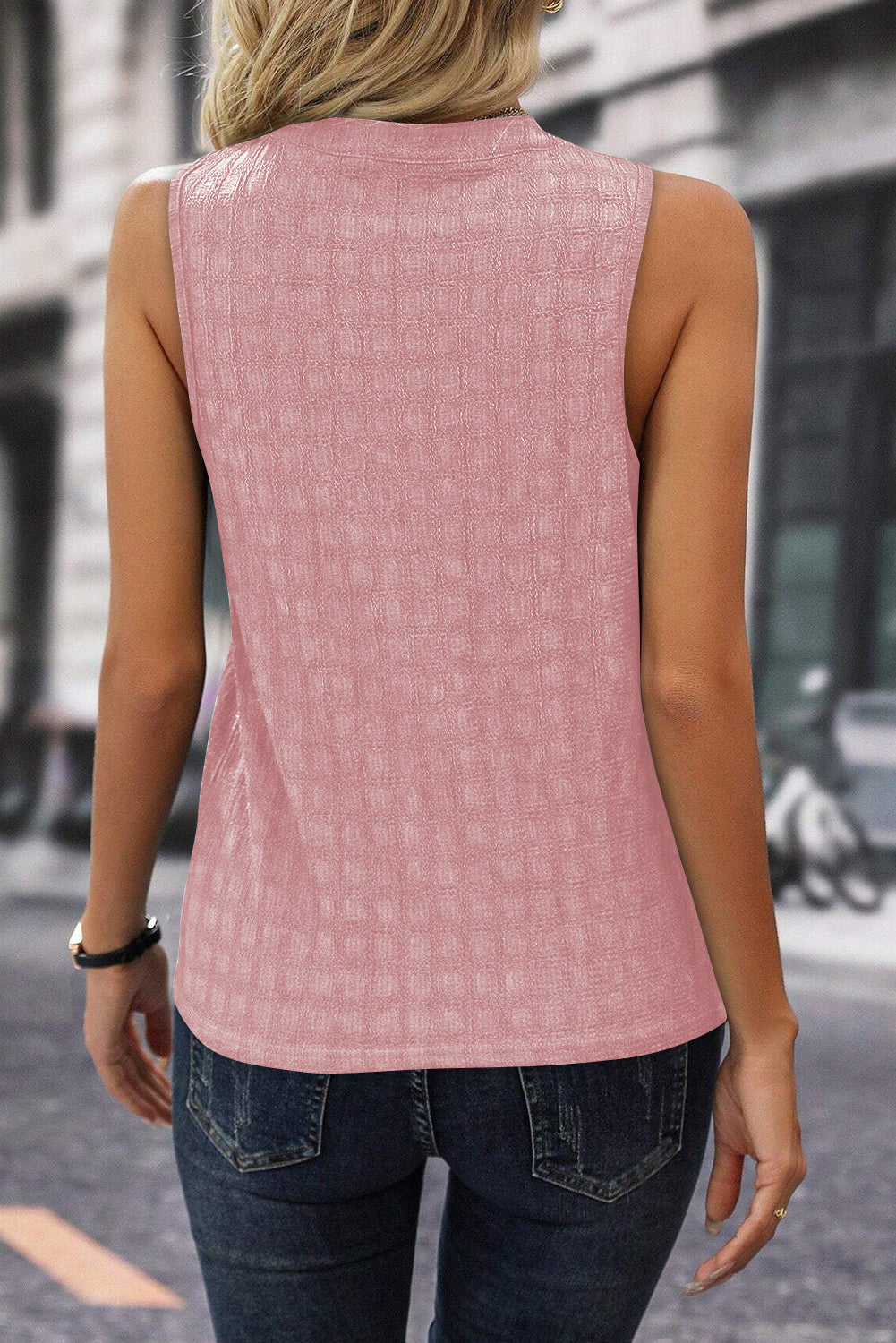 Sea Green Lattice Textured Split Neck Tank Top