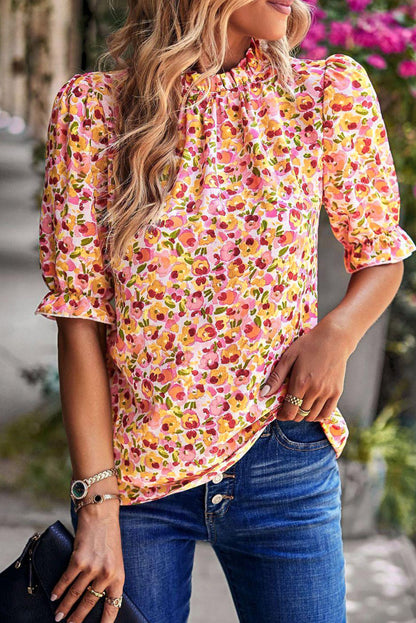 Boho Floral Ruffle Short Sleeve Frill Mock Neck Blouse