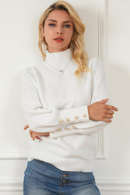 White Button Ribbed Puff Sleeve High Neck Sweater